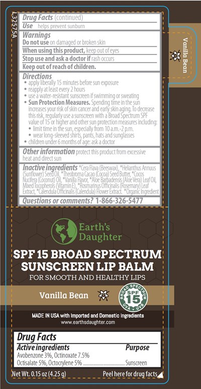 Earth's Daughter Vanilla Bean Spf 15 Broad Spectrum Lip Balm 0.15 Oz Label (85034 107 01 Earths Daughter Spf Vanilla Jpg)